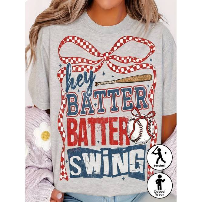 Camiseta Feminina Baseball Vintage Estampa Retrô Hey Batter Swing Estrelas Listras Confortável Estilosa Divertida Casual