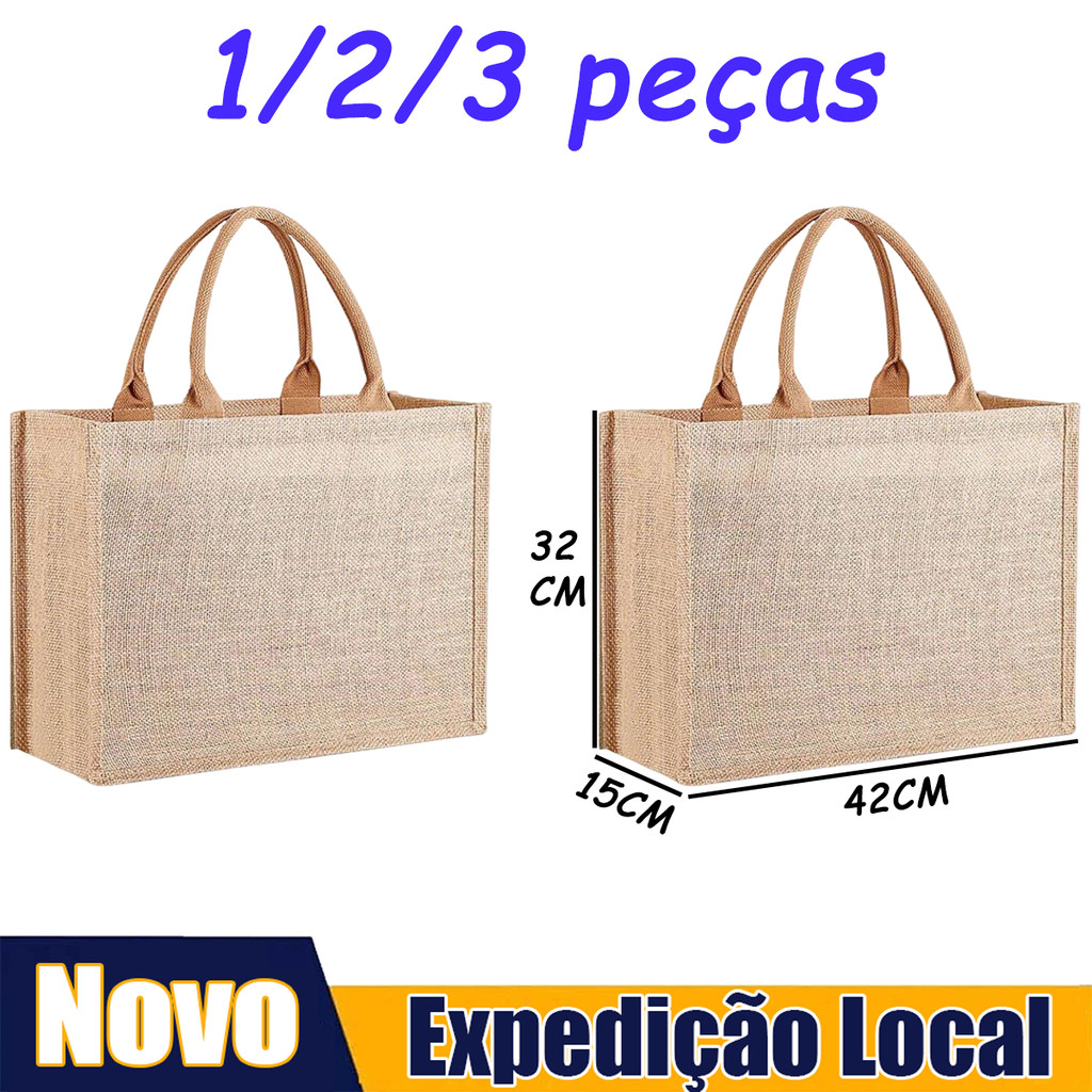42 x 15 x 32 cm, 1/2/3 Peças Reusable Jute Tote Bags with Handles, Natural Blank Burlap Tote for Grocery Shopping