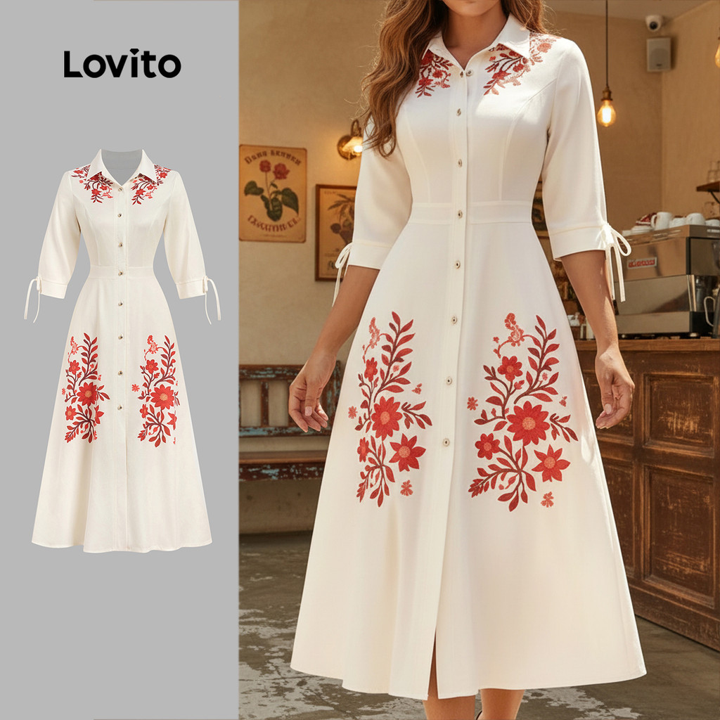 Lovito Vestido Elegante com Botões Na Frente Padrão de Vestido de Primavera/verã