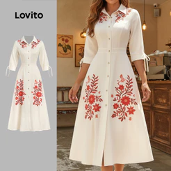 Lovito Vestido Elegante com Botões Na Frente Padrão de Vestido de Primavera/verão para mulheres LBL35185