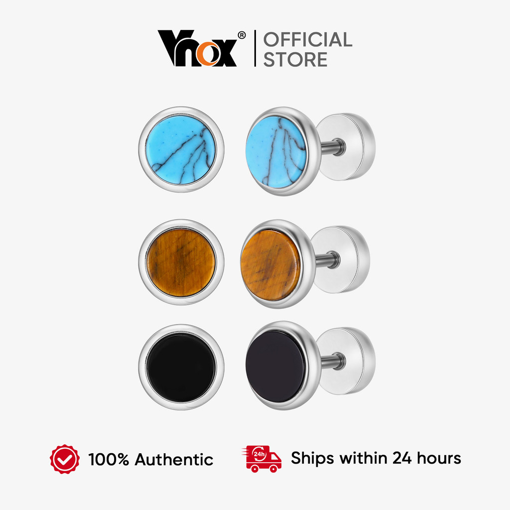 Vnox Aço Inoxidável Pedra Natural Ágata Turquesa Forma Redonda Brincos Para Homem Menino , Pequeno Brinco Simples em Oferta na Shopee