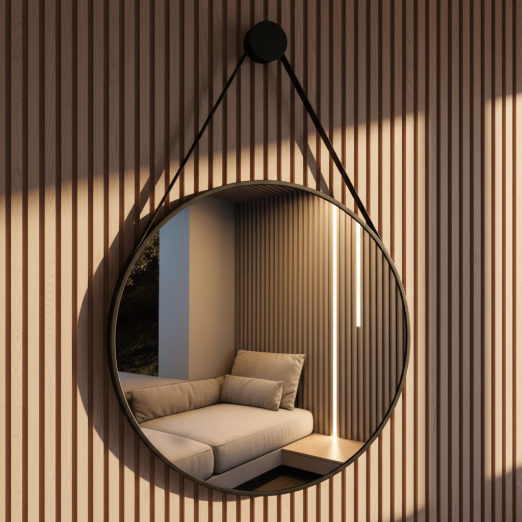 Espelho Adnet Redondo 50x50 com Moldura em Couro Decorativo para Sala e Banheiro