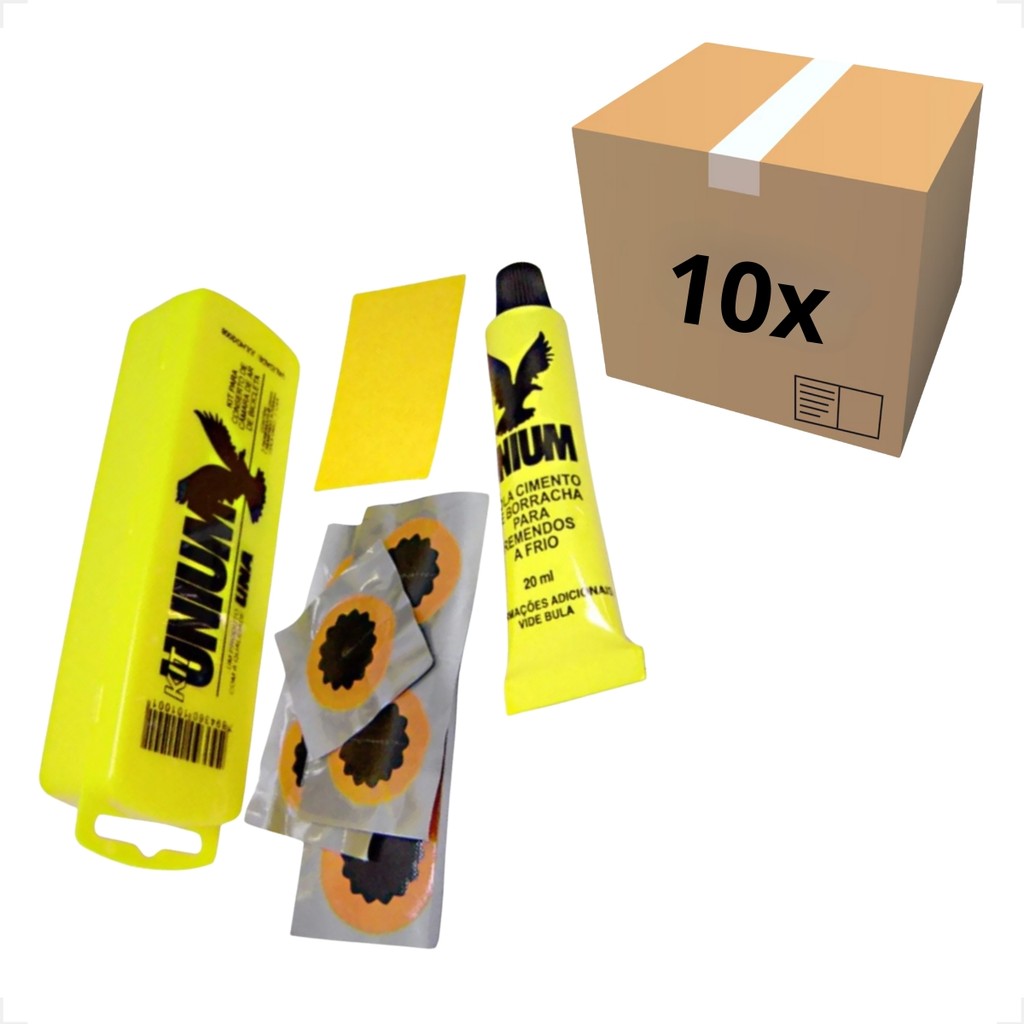 Kit 10 Estojo Reparo Remendo a frio Pneu Bike Bicicleta + 6 Remendos + Cola Unium + Lixa Atacado