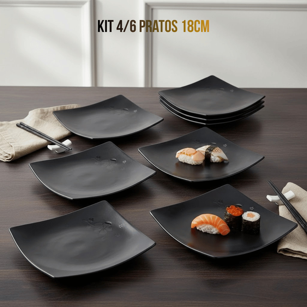 Kit 4/6 Pratos Melamina Quadrados 18cm Kanpai Premium - Bestfer / Mesa Jantar Cozinha Servir