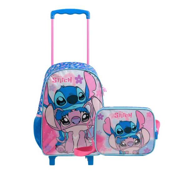 Kit Mochila de Rodinha e Lancheira Térmica Infantil Feminina Stitch Azul