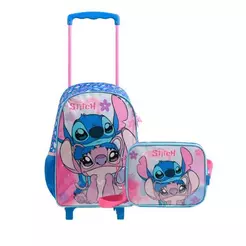 Kit Mochila de Rodinha e Lancheira Térmica Infantil Feminina Stitch Azul