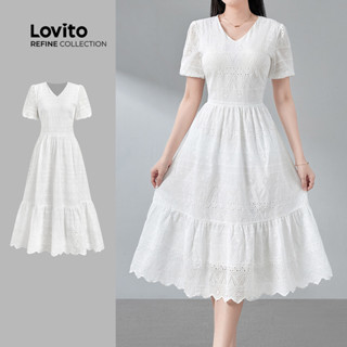 (Lovito Refine) Vestido Casual Em Algodão Bordado Com Ilhós Branco Para Primavera/verão Ideal Para Mulheres LR26ED067 em Oferta na Shopee