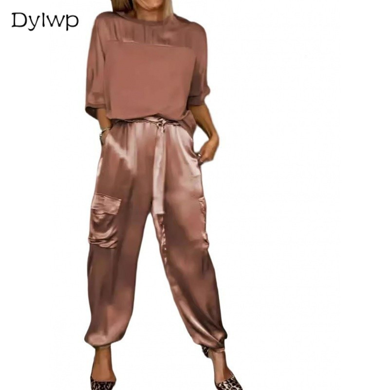 Conjuntos De Cetim Femininos Moda Top De Manga Cinco Quartos E Calças Compridas