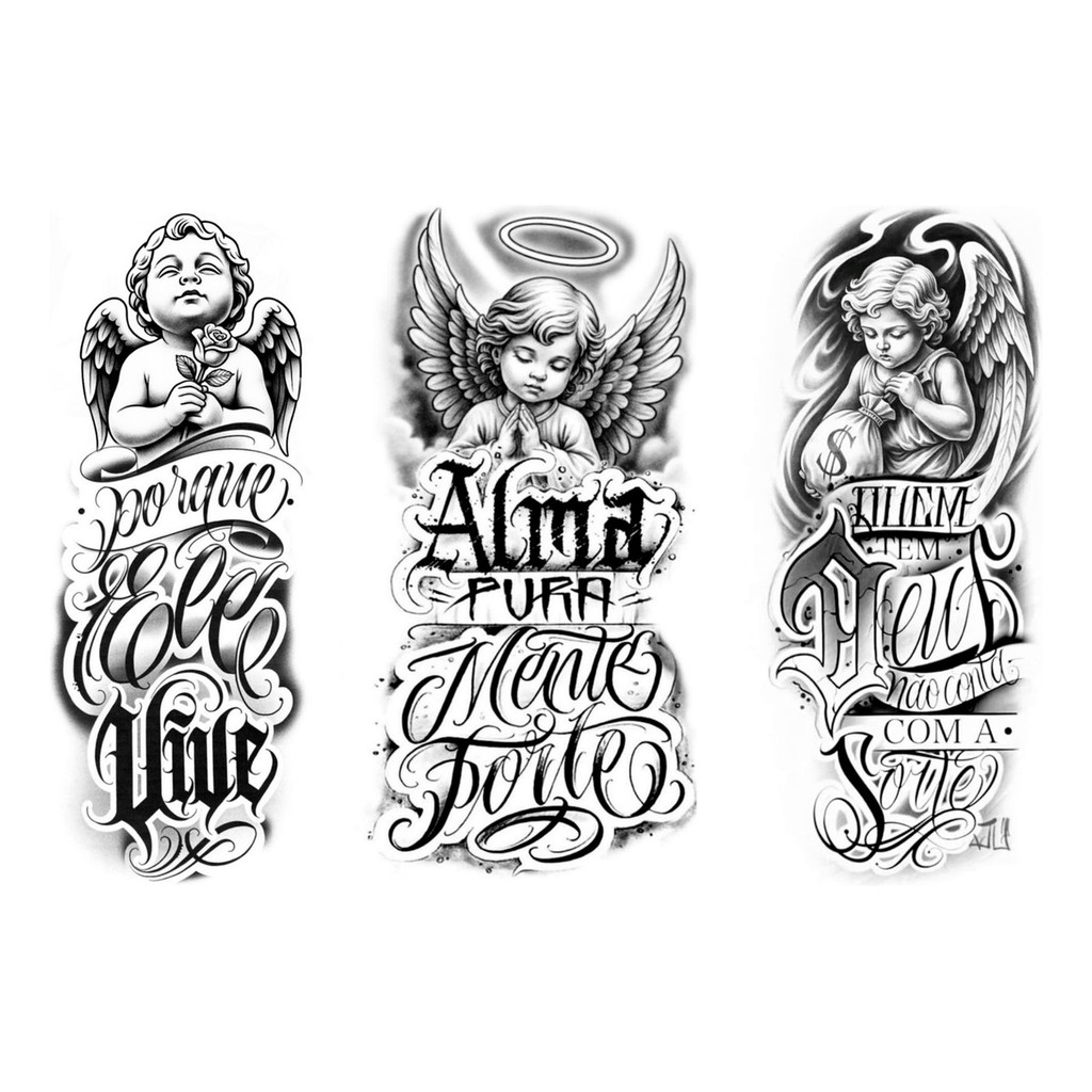 3 Tatuagem Falsa Temporária Anjos Com Frase Cristã