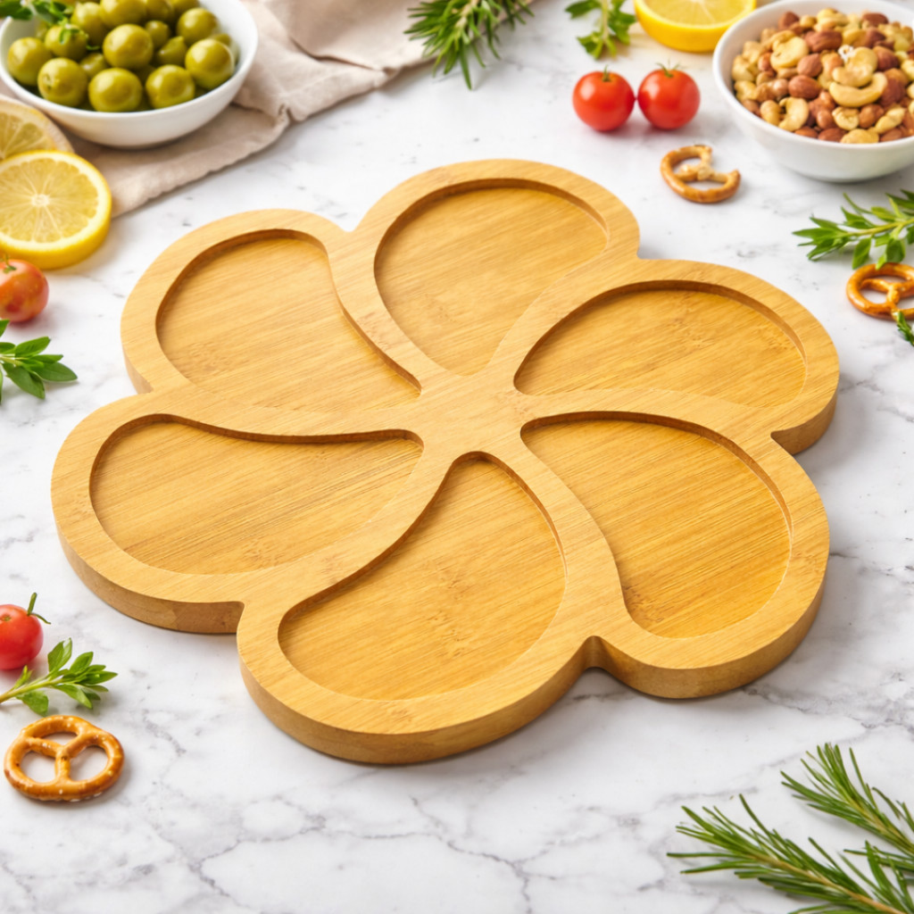 Petisqueira Tábua com 6 Divisórias Para Petiscos Multiuso Decorativa Mdf em Forma De Flor Gamela