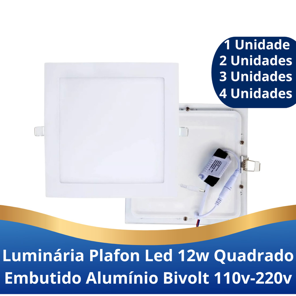 Luminária Plafon Led 12W Quadrado Embutir Alumínio 16.50x16.50cm Frio 6500k 110v-220v
