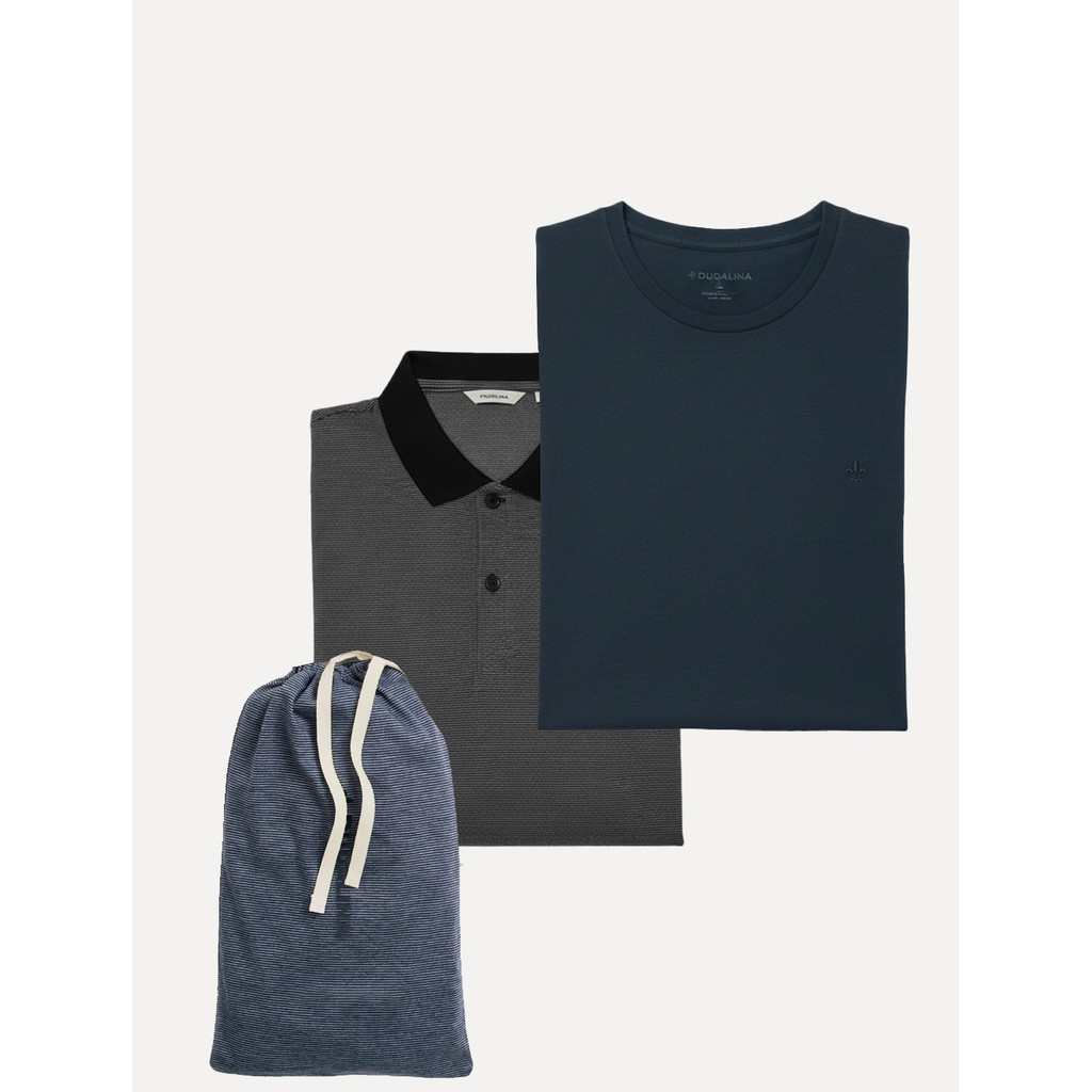 Kit Polo e Camiseta Dudalina Original Masculina Azul Marinho Listrado e Azul Marinho