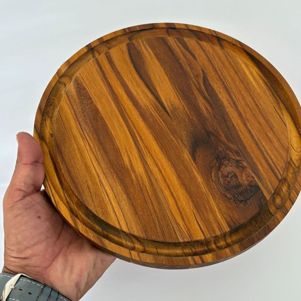 Tábua De Madeira Teca Redonda 25cm Com Canaleta Para Corte