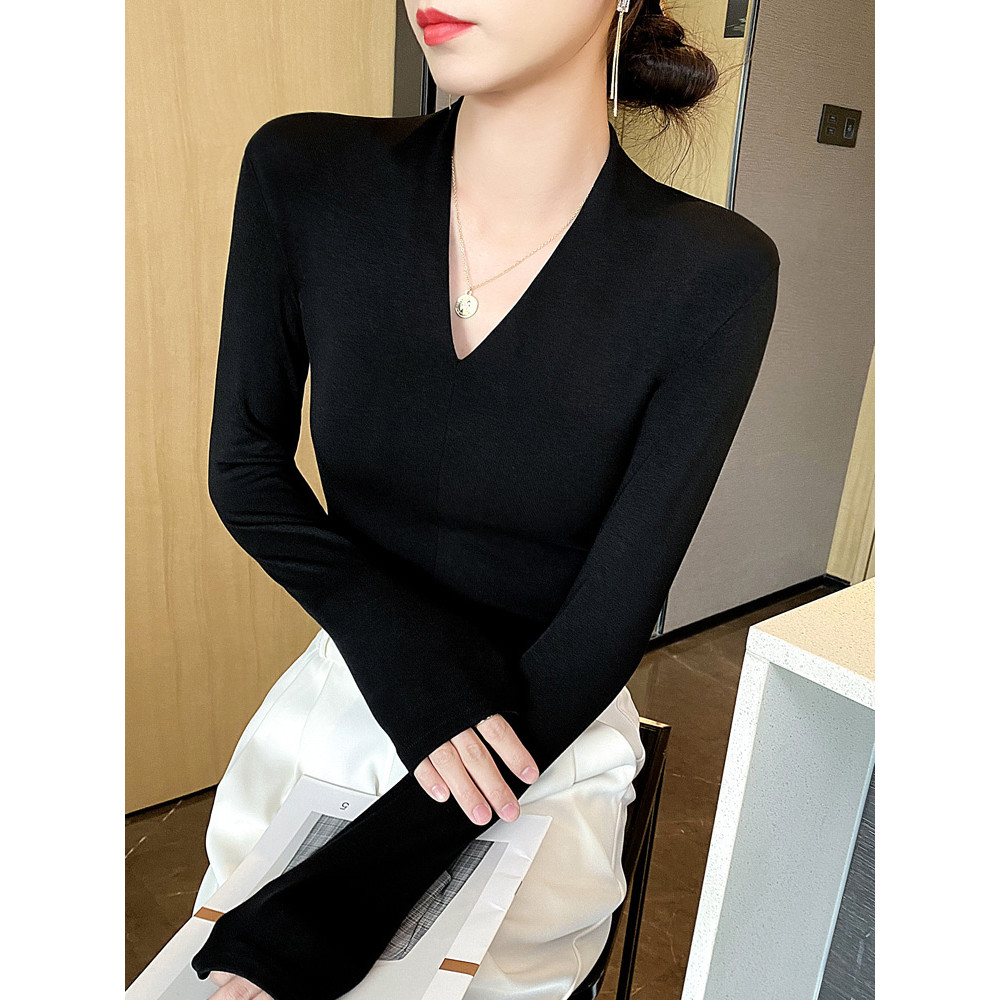 Preto com decote em V camiseta feminina de manga comprida primavera outono novo estilo fino ajuste estilo ocidental esti