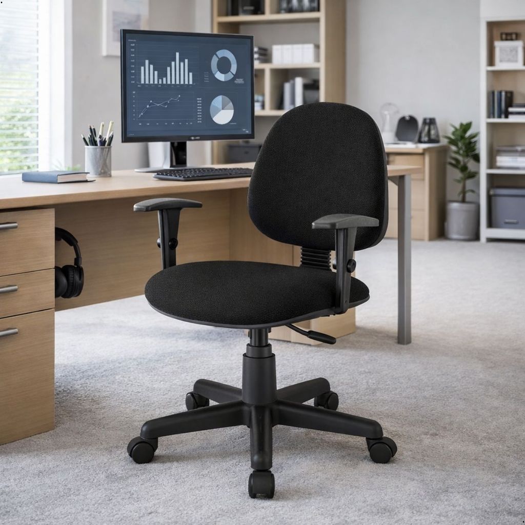 Cadeira de Escritório Executiva Ergonômica Giratória Pistão Gás Braço Regulável Tecido Rodízio Nylon