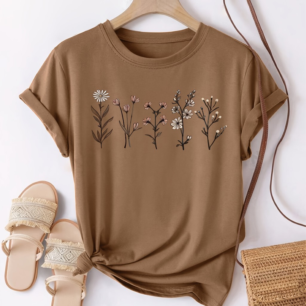 T-shirt 100% ALGODÃO de Mulher com Estampado Floral - Camiseta Suave para o Dia a Dia com Design Floral Elegante