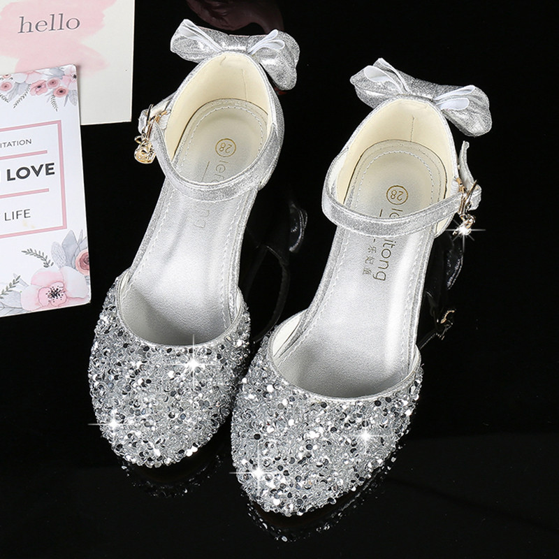 Meninas salto alto 2026 novo estilo combinando vestido prata elsa cristal menina elsa princesa sapatos crianças sapatos