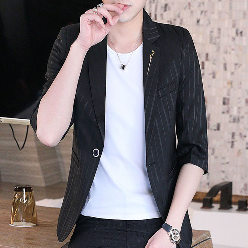 Verão masculino manga três quartos terno Casual listrado meia manga pequeno terno único ocidental luz fina jaqueta prote