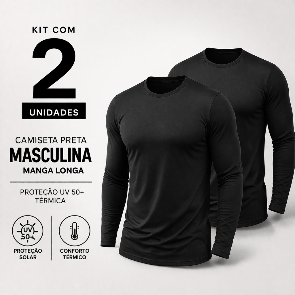 Kit 2 Camisas Masculina Manga Longa Camiseta UV 50+ Proteção Solar Térmica Dry Fit Preta Academia