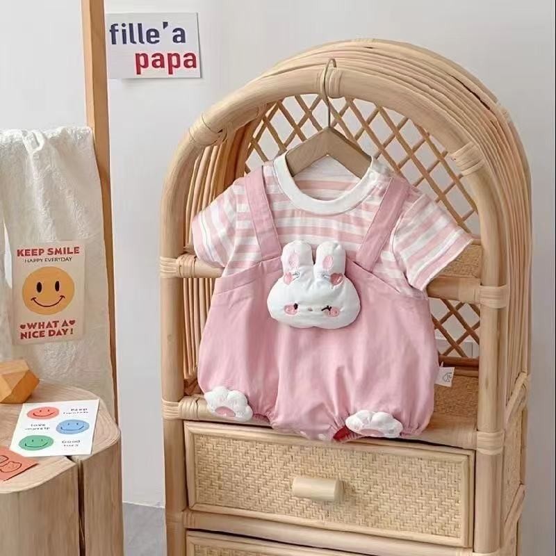 Roupas de bebê pequeno bebê dos desenhos animados coelho sapo roupas bebê tridimensional falso duas peças listrado crian