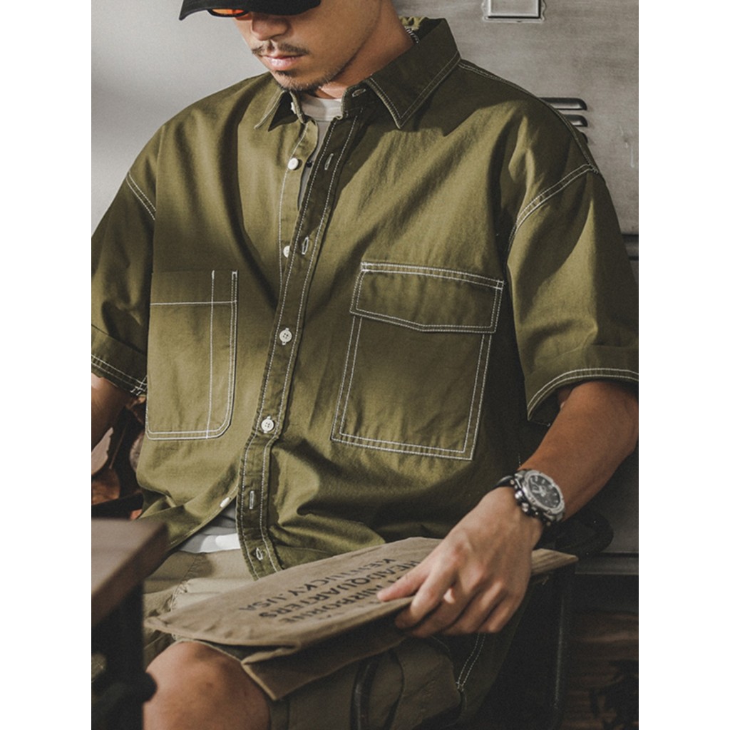 Gerino americano Retro Workwear camisa masculina de manga curta simples puro algodão polegada camisa verão ins na moda c