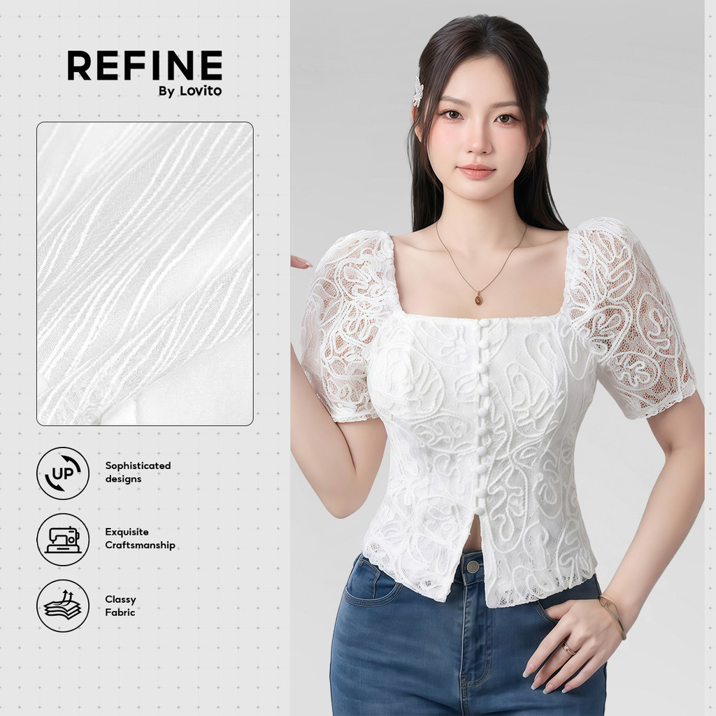 (Refine by Lovito) Elegante Blusa Feminina com Laços Renda Primavera/Verão Branca Bordado LR21E204