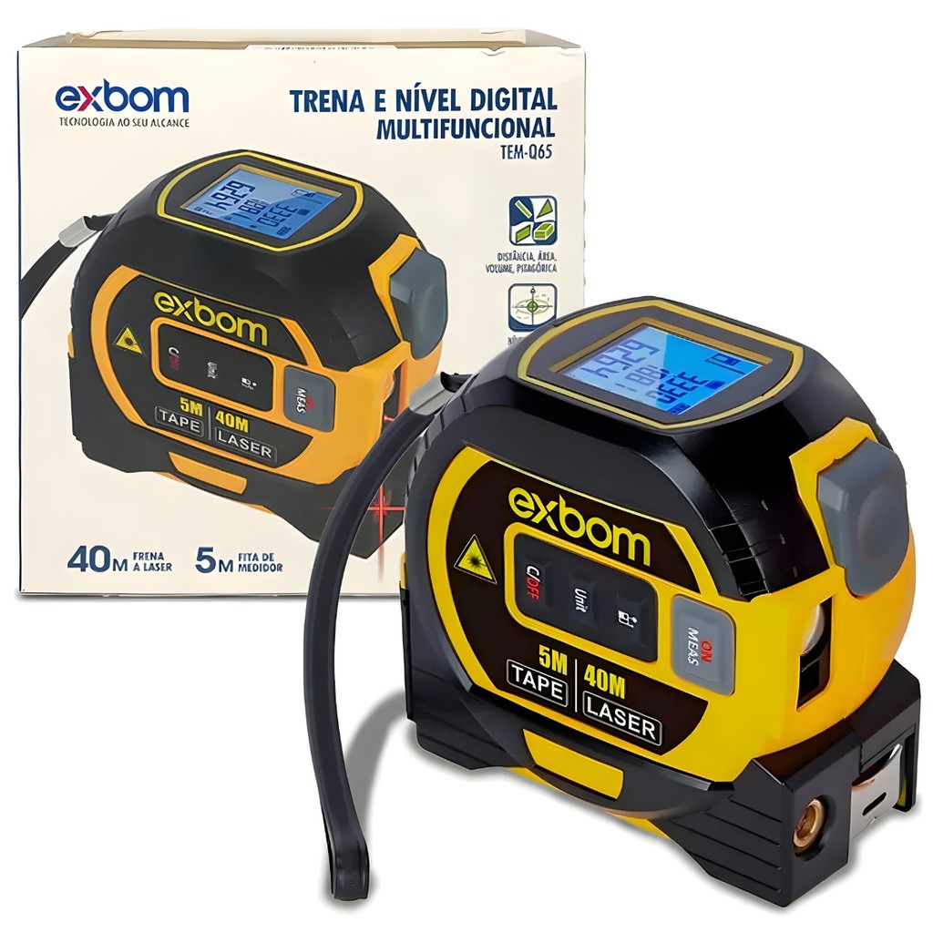 Trena Digital EXBOM 3 em 1 Laser 40m com Nível e Fita Métrica