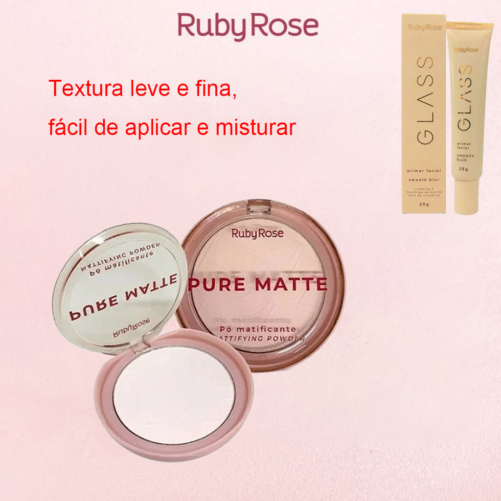 Kit Maquiagem Ruby Rose Primer Smooth Blur 25g + Pó Compacto Matte HBM402 Controle Oleosidade Longa Duração
