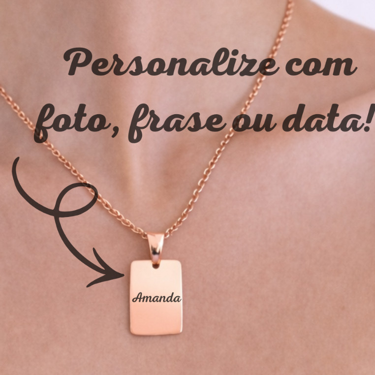 Colar Retangulo Banhado em Ouro Rosé Personalizado a Laser, Fotogravação, Frase, Simbolo, Iniciais, Data.