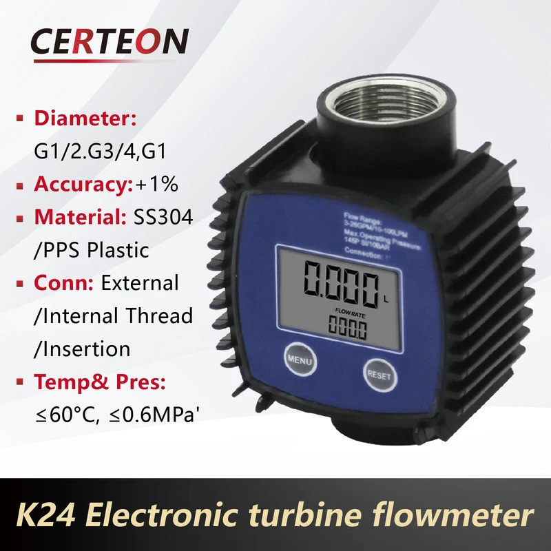 Medidor De Fluxo De Turbina Digital K24 Com LCD Combustível Óleo Diesel Água Ureia Engrenagem Plástico Inoxidável Rosque