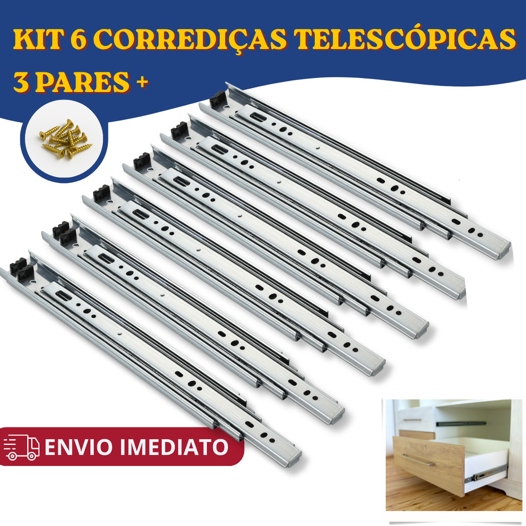 Kit 6 Corrediças Gaveta Trilho Telescópica COM Parafusos | 25cm - 30cm - 35cm - 40cm - 45cm