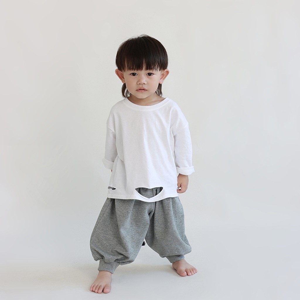 Algodão puro meninos meninas camiseta de manga comprida outono rasgado estilo ocidental crianças bebê interior topo em t