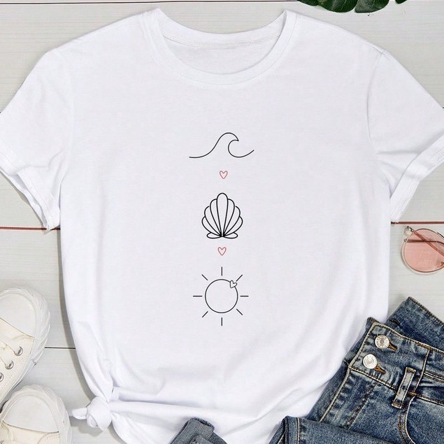 Blusa Feminina T Shirt 100% Algodão Praia Praiana Onda Concha Sol Coração Camiseta Slim Premium