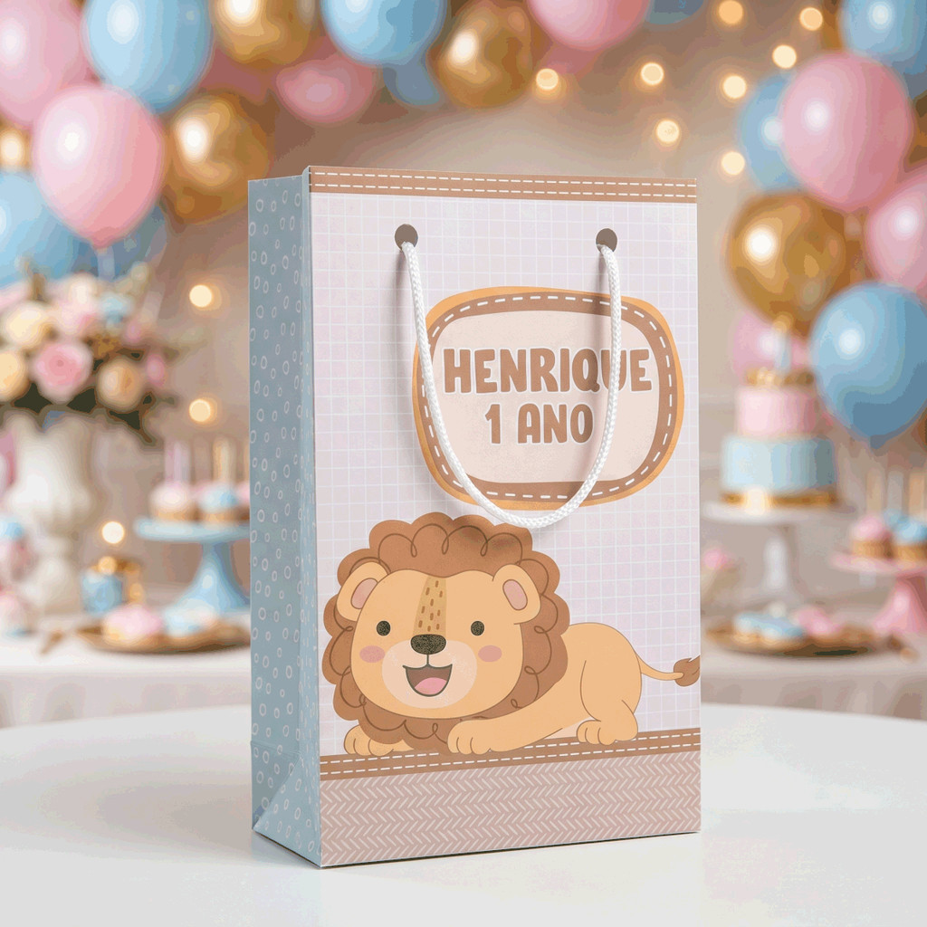 Sacolinha Personalizada com Nome e Idade - Tema Leãozinho - Lembrancinha Aniversário - Pegue e Monte