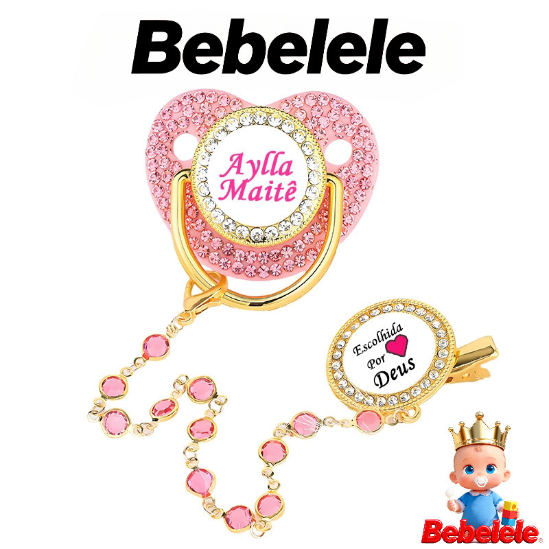 Chupeta de bebê rosa com diamante, inclui clipe de fixação, nome e foto personalizados