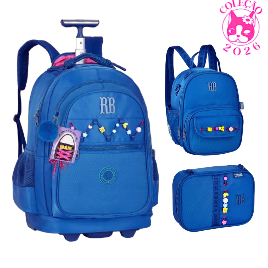 Kit Mochila de Rodinhas Com par de Cadarços,Estojo e Lancheira Rebecca Bonbon Beaded Fun Cor:Azul