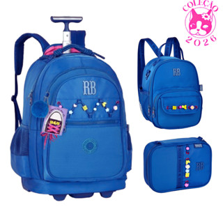 Kit Mochila de Rodinhas Com par de Cadarços,Estojo e Lancheira Rebecca Bonbon Beaded Fun Cor:Azul em Oferta na Shopee