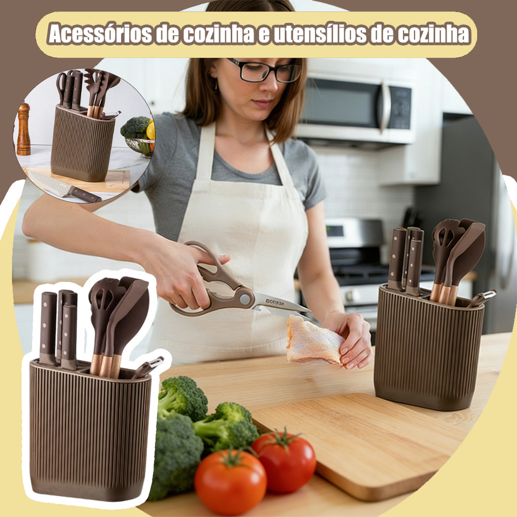 Conjunto Completo de Utensílios de Cozinha + Suporte | Facas, Espátulas, Tesoura e Mais - Ideal para Cozinhas Pequenas