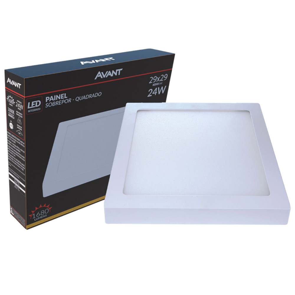 Painel LED Sobrepor Quadrado Avant 24W 3000K Amarelo Bivolt 1680lm Luz Quente