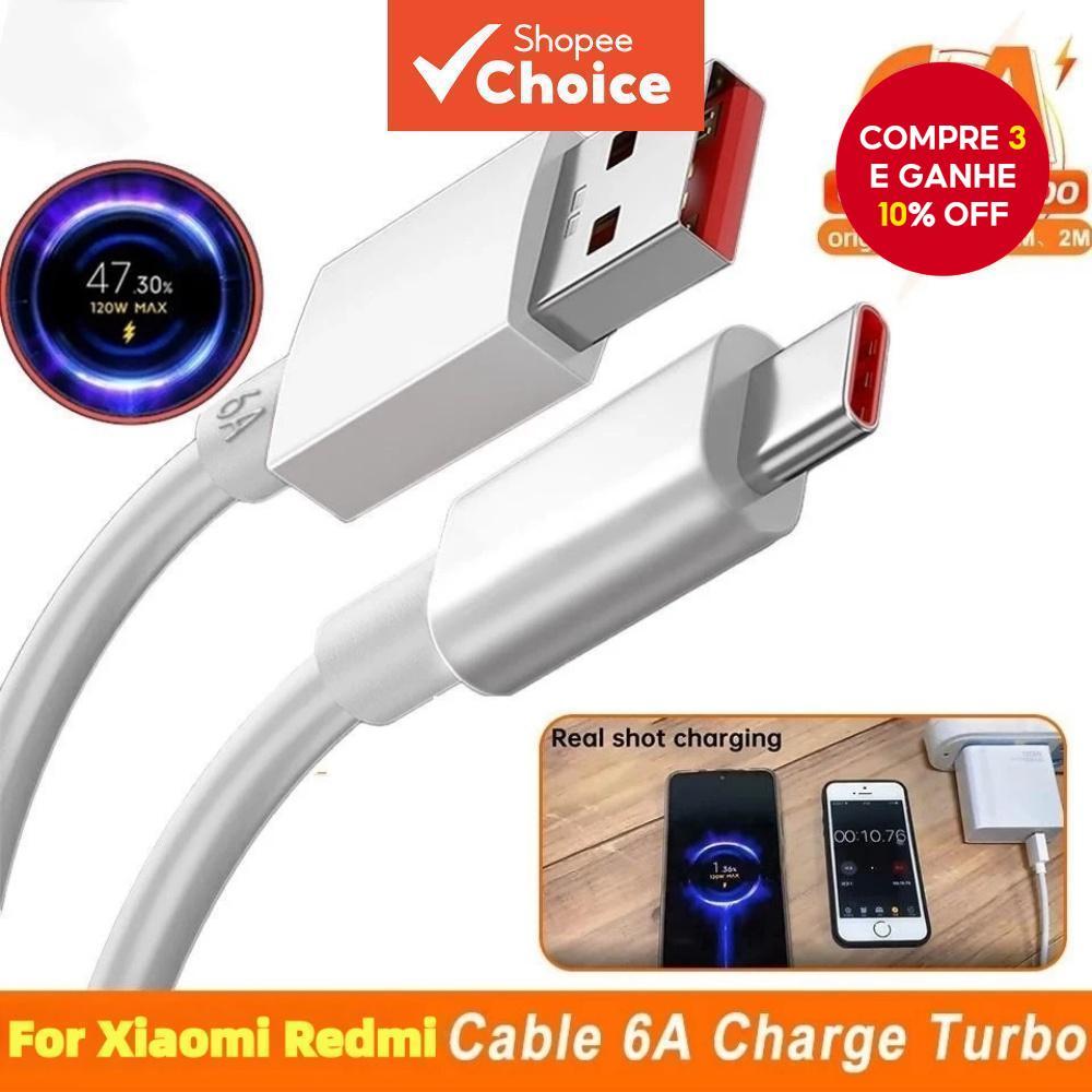 Cabo Carregador Turbo 6A USB Tipo C 120W para Xiaomi 12 11 10 Poco X3/X4 Pro Redmi Note 13 14