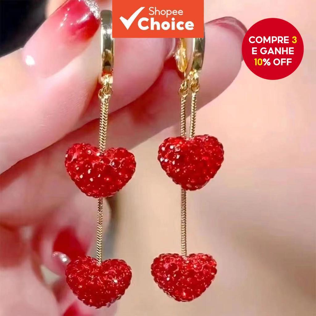 Brincos Longos De Coração Vermelho Para Mulheres Joias Elegantes De Cristal Completo em Oferta na Shopee