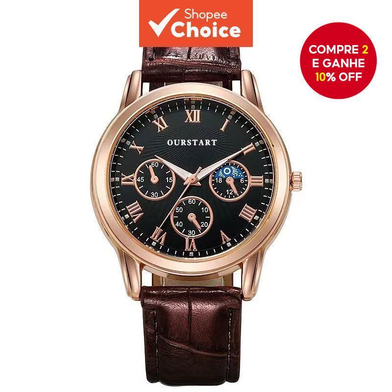 Casual Mostrador Preto Três Olhos Fase Da Lua Quartzo Couro Sintético Pulseira Marrom Relógio Masculino em Oferta na Shopee
