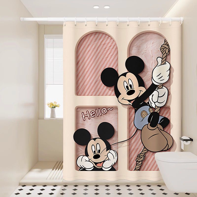 Cortina De Chuveiro À Prova D'água Mickey Minnie Divisória De Banheiro Bloqueio De Água Sem Perfuração Porta
