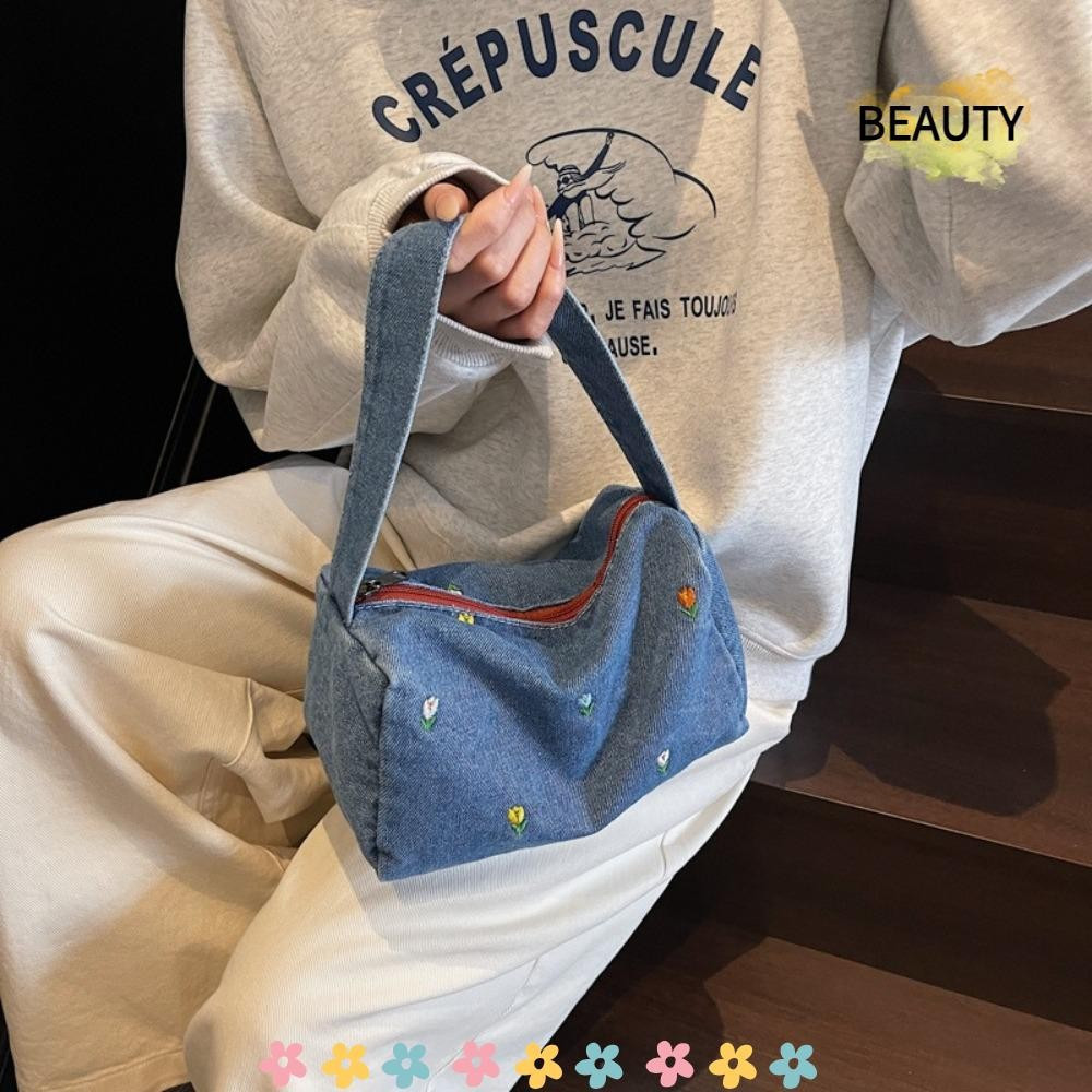 BEAUTYHOMEBR Sacola , Bolsas Com Alça Superior Zíper De Flor Bordada De Ombro Jeans De Cor Sólida Para Mulheres