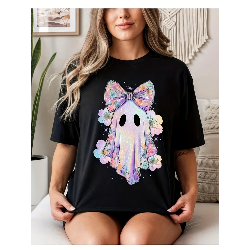 BR.Moonlight Camiseta Laço Flor Colorido Padrão Halloween Versátil Confortável Linda Verão