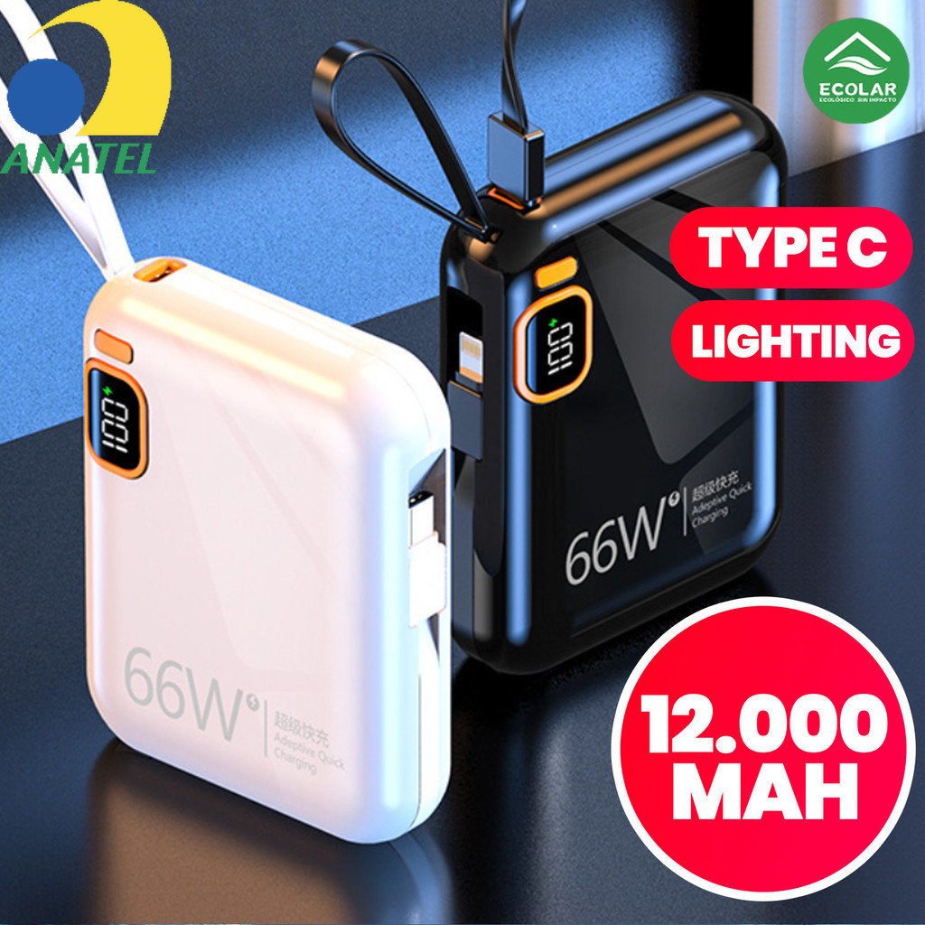 Bateria carregadora 12000mAh compacta com cabo integrado duplo carregamento rápido recarga super rápida oferece