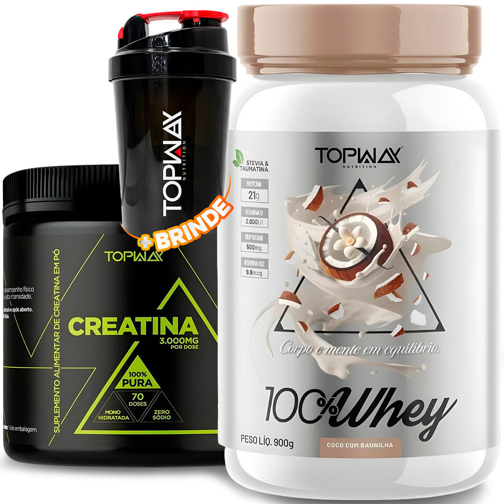 TopWay Suplemento Alimentar Whey Protein 900g Coco com Baunilha + Creatina em Pó 210g Monohidratada