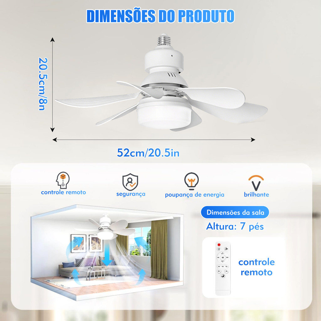 Luminária 80W 52CM Ventilador De Teto 6 Hélices Luz Ajustável Controle Remoto Silencioso E Econômico