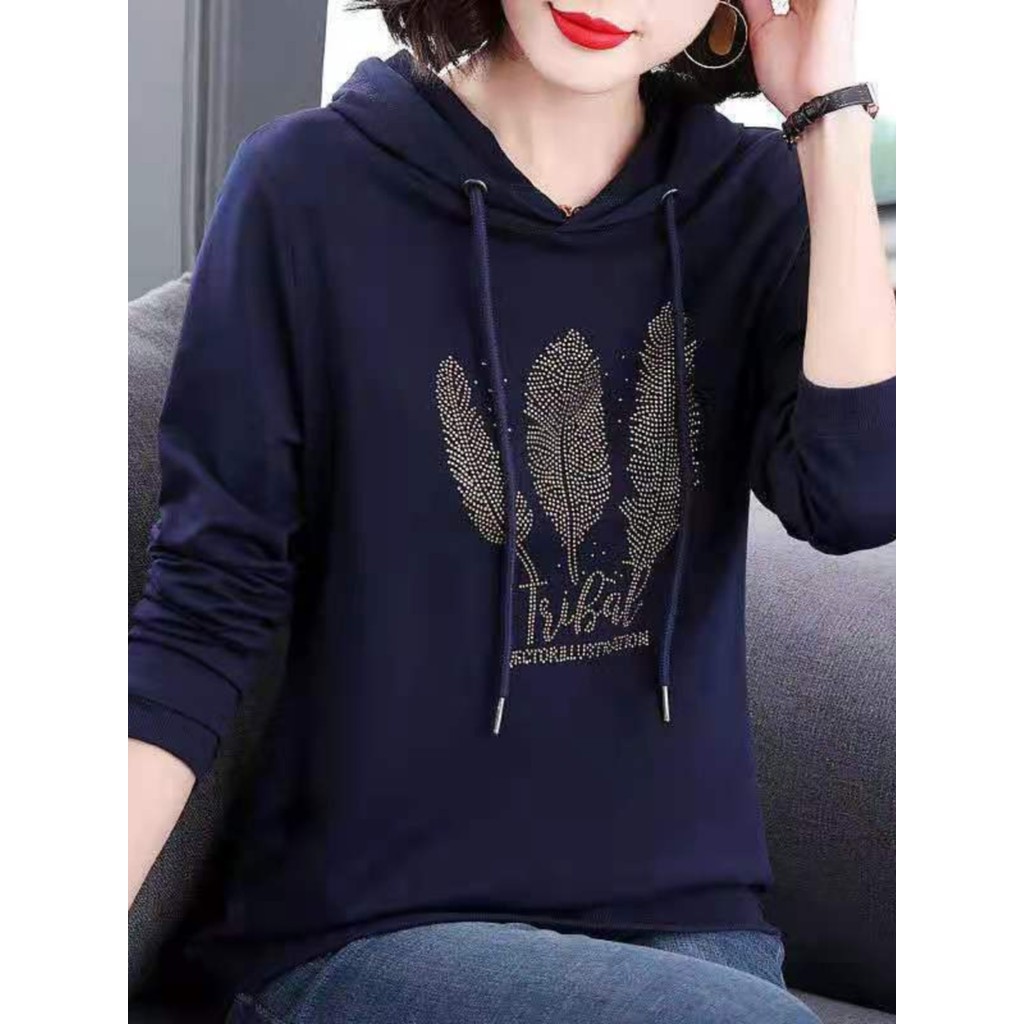 Moletom fino com capuz feminino novo estilo primavera outono estilo ocidental camiseta de manga comprida tamanho grande 