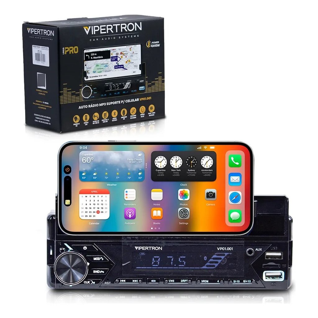 Radio Automotivo Bluetooth Vipertron Mp3 FM USB com Suporte para Celular e Controle Remoto